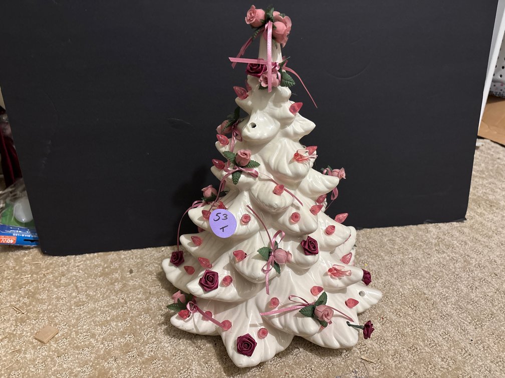 White Ceramic Christmas Tree with Pink & Burgundy Roses and Ribbon Accents