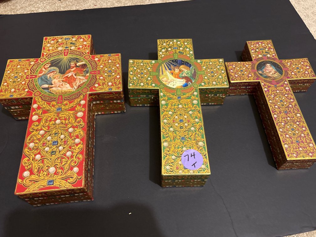 Nesting Decorative Cross Shaped Boxes Set with Religious Artwork