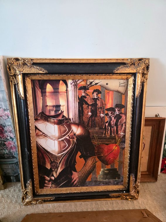 Framed surrealist or pop-art collage featuring a headless figure in polished medieval plate armor holding a sword: Framed Mountain  scene with Cabin, etc