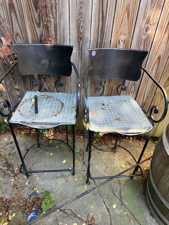 Set of 2 Wrought Iron Bar Stools with Padded Grid Cushions