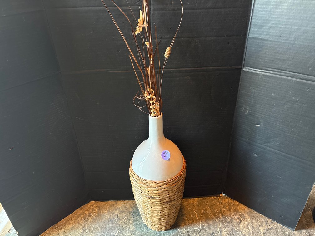 Tall Boho Wicker & White Floor Vase with Faux Dried Botanicals