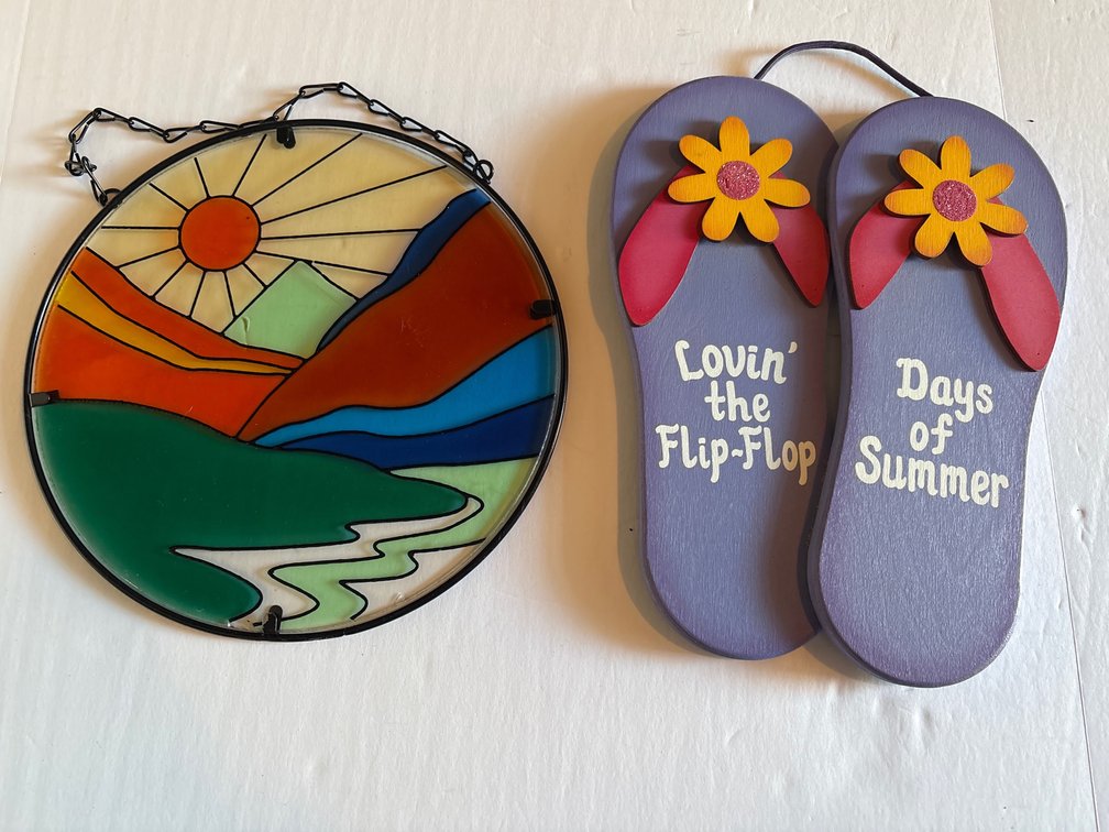 Coastal Beach Decor Lot - Stained Glass Sunburst Suncatcher & Flip Flop Sign