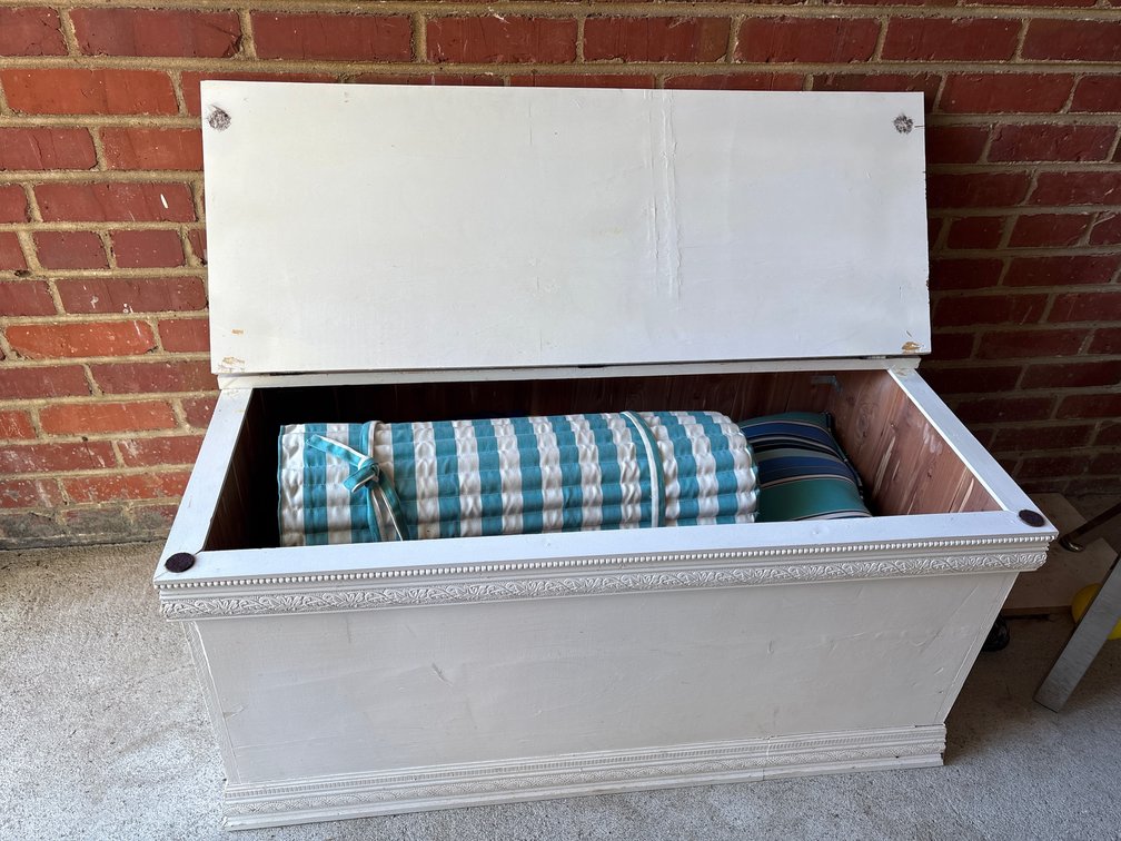 Painted White Wooden Storage Trunk Bench with Black Hardware