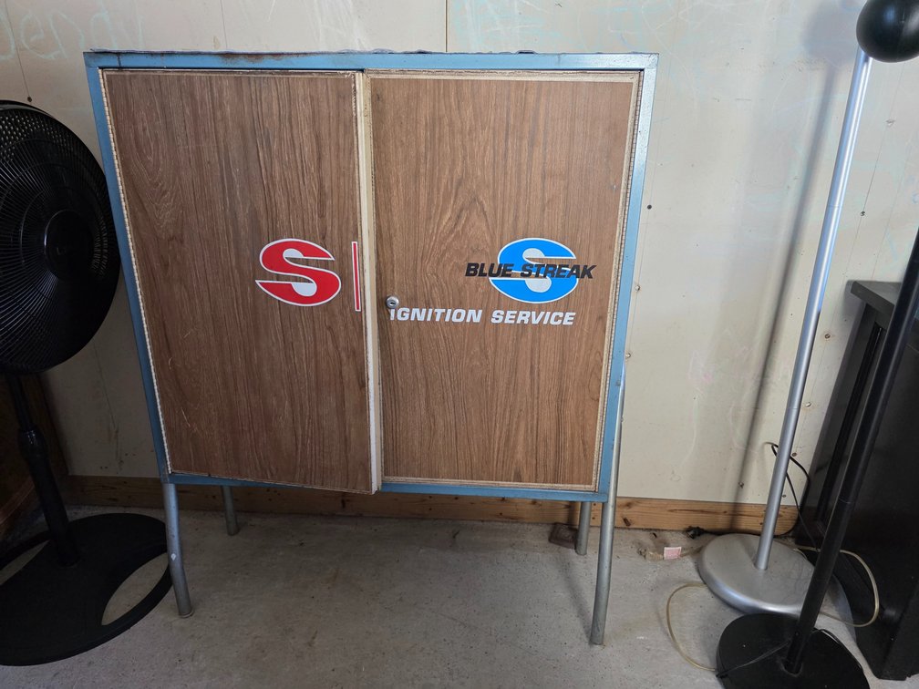 Standard Blue Streak Ignition Service metal advertising parts cabinet,