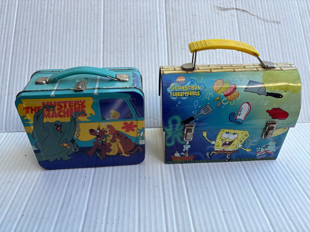 Cartoon Metal Lunch Box Lot - Scooby-Doo Mystery Machine & SpongeBob SquarePants