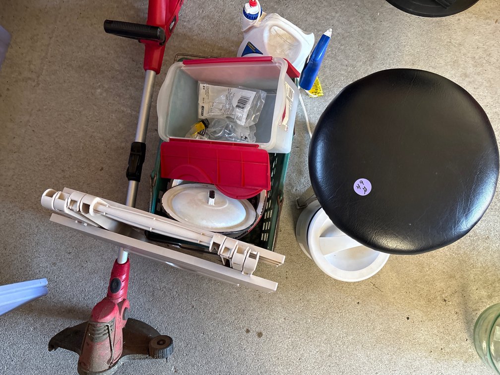 Stool, Hyper Tough 20V Weed Wacker, Enamel Pot, Bin, Etc.