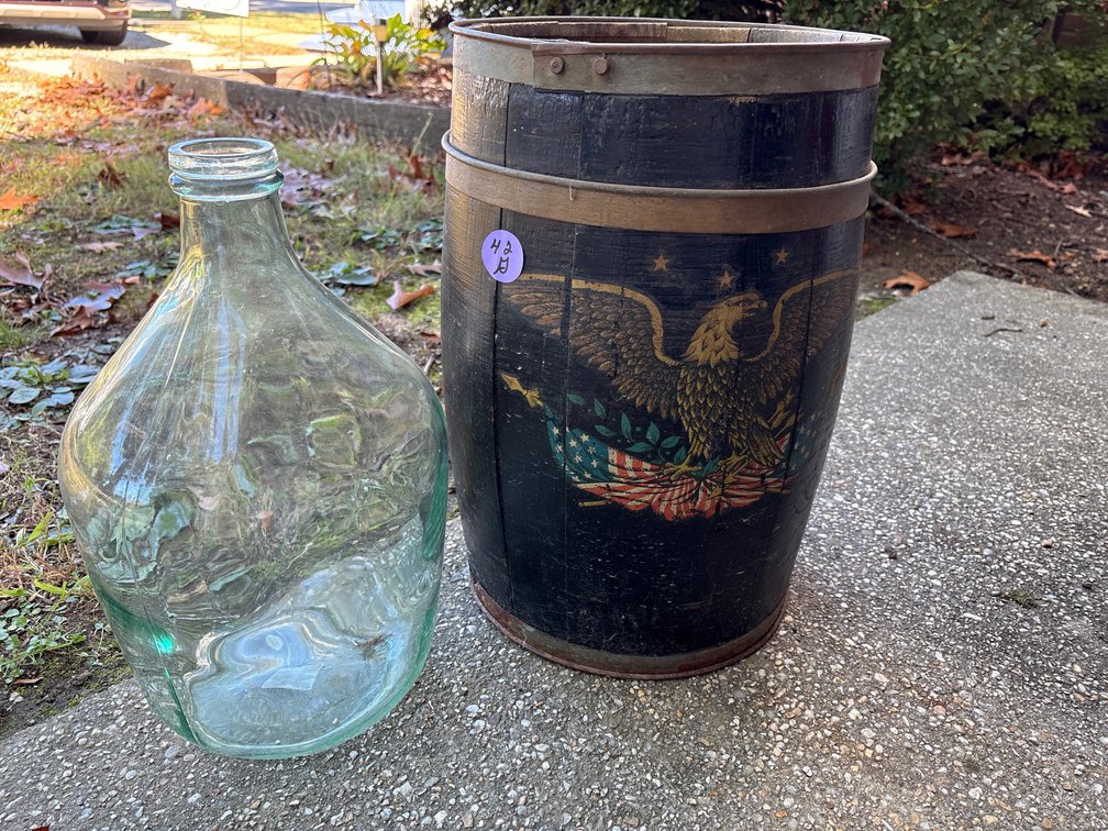 Painted Eagle Wood Barrel & Large Glass Jug