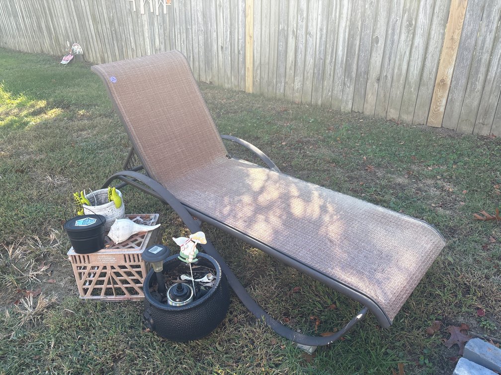 Chaise Lounge, Shepherd's Hook, Lantern & Storage Crate