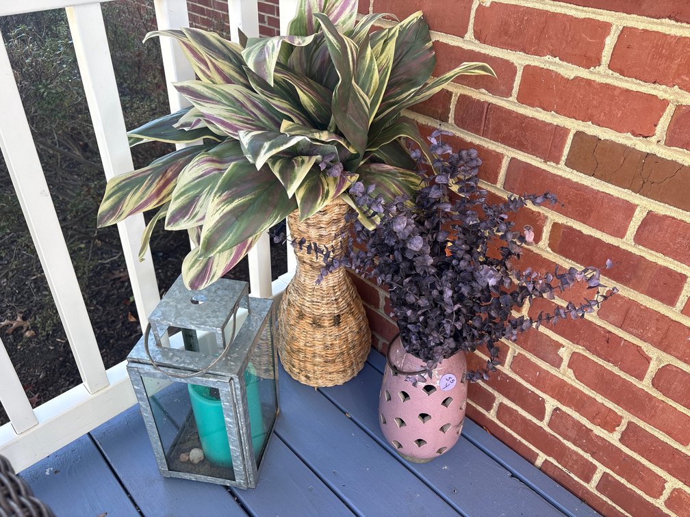 Outdoor Decor Lot: Galvanized Lantern, Woven Vase, and Faux Plant
