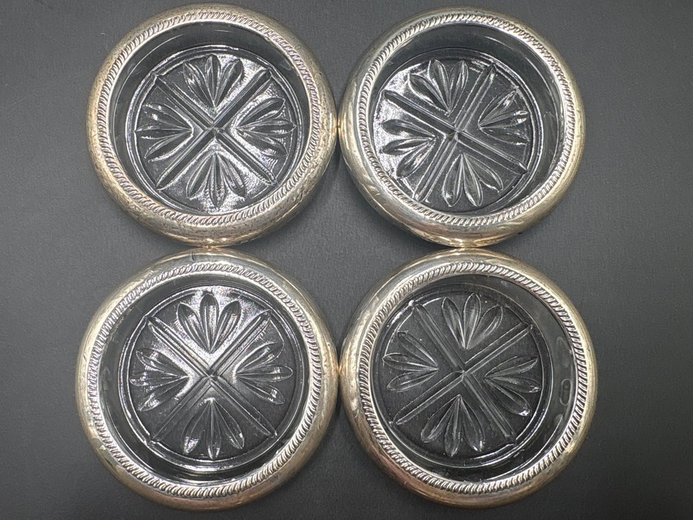Sterling Silver Rope Edge Rim & Starburst Style Cut Glass Coasters (x4)