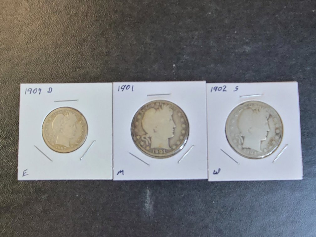  Barber coins 1907 D quarter, 1901 half, 1902 S half