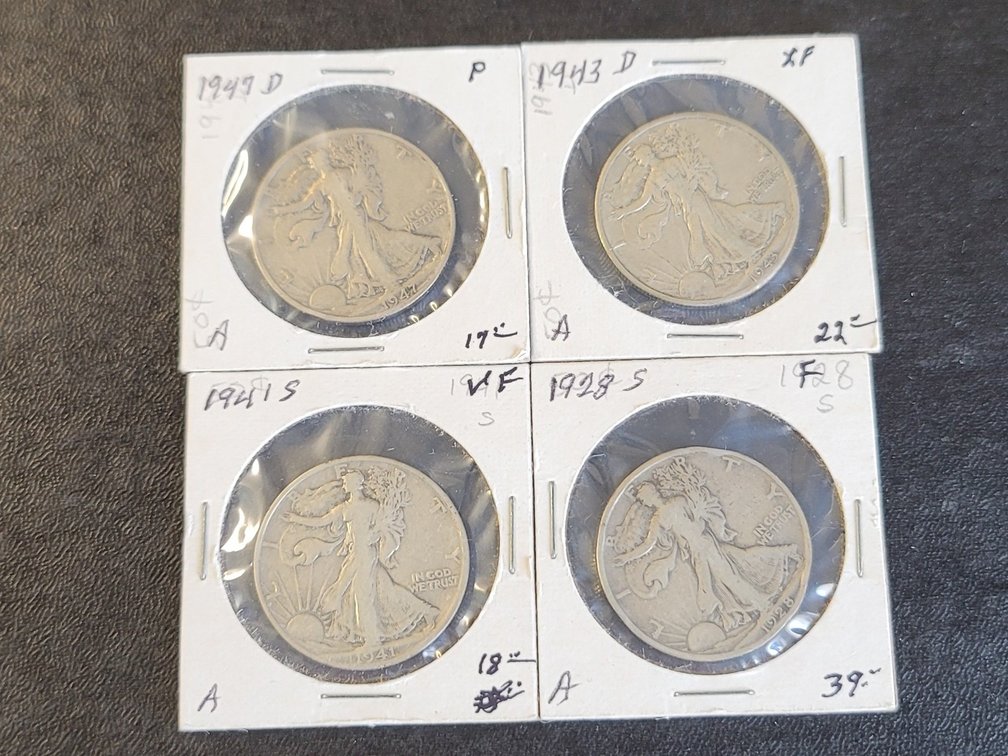 Walking Liberty halves 1938 S, 1941 S, 1943 D, 1947 D