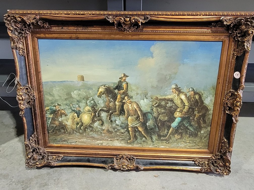 Framed Oil on Canvas Battle Scene Wall Art