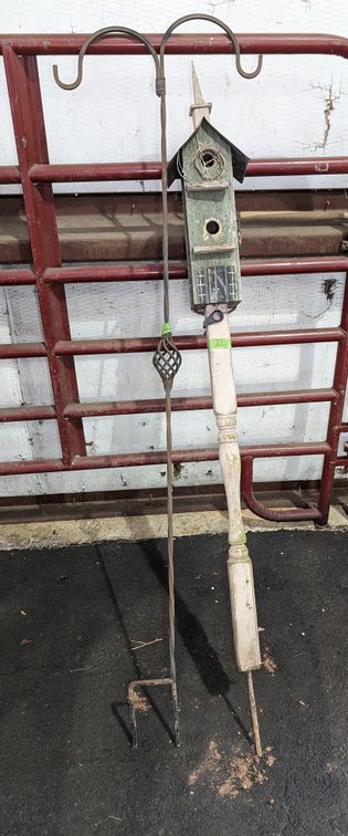 Wood Bird House Lawn Decor (w/tin Roof) & Metal Plant Hanger