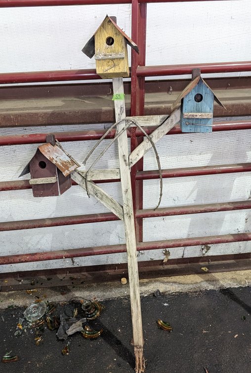 3 Wood Bird Houses w/Tin Roofs Attached to Wooden Stand