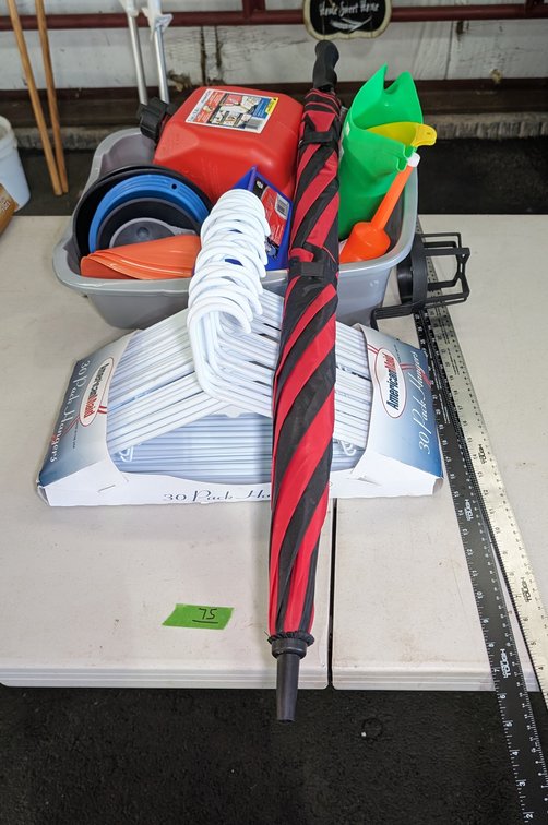 Pack of New Hangers, Umbrella, Gallon Gas Can, Scoopers