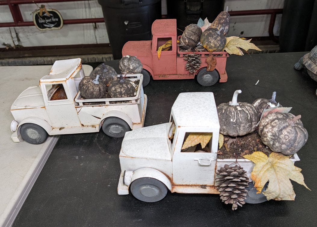 (3) Tin Metal Trucks w/ Harvest Bounty in Truck Beds