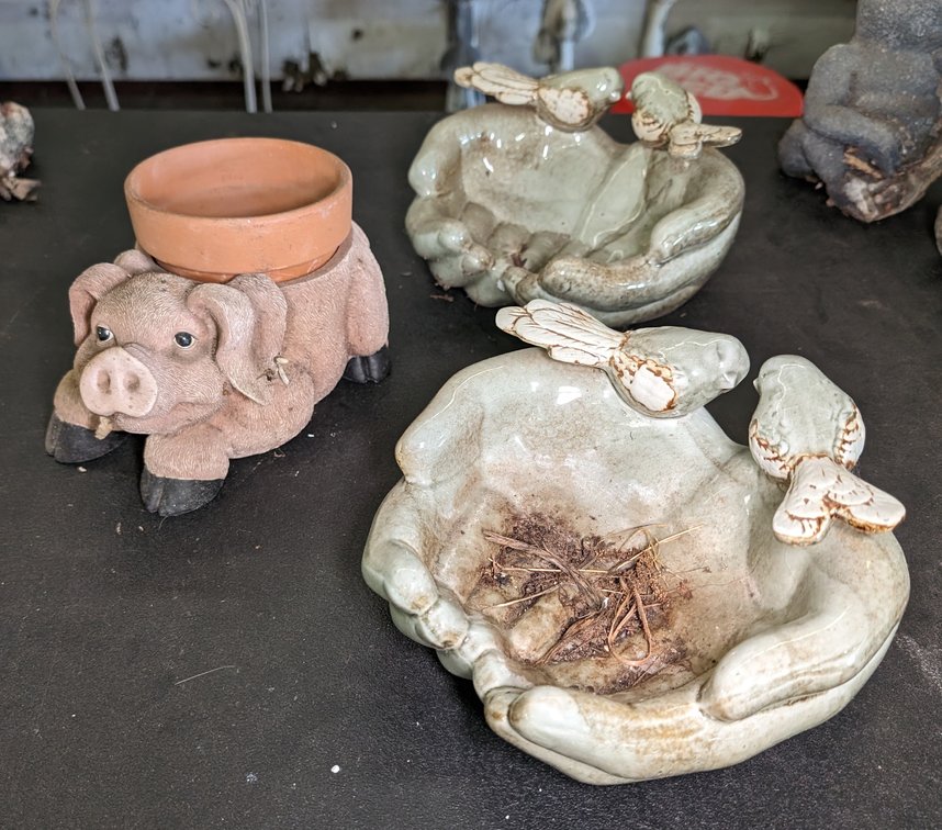 Resin Pig Planter, (2) Glazed Ceramic Bird Baths
