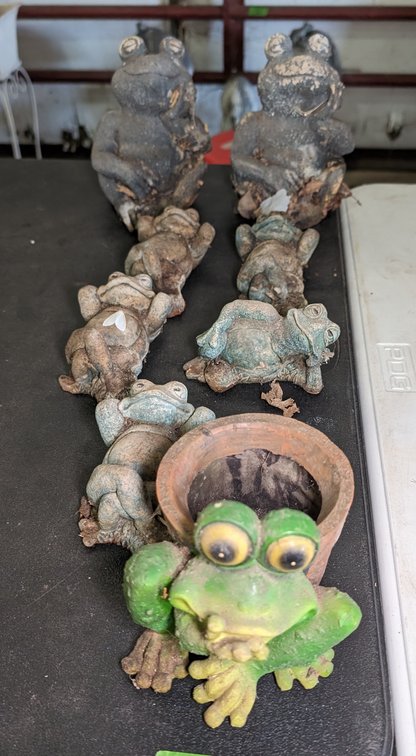 (7) Resin Frog Figurines & 1 Frog Planter
