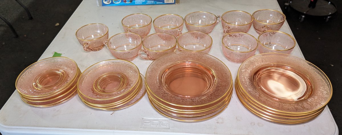 Pink Glass (11) Cups & (21) Saucers w/Golden Rims