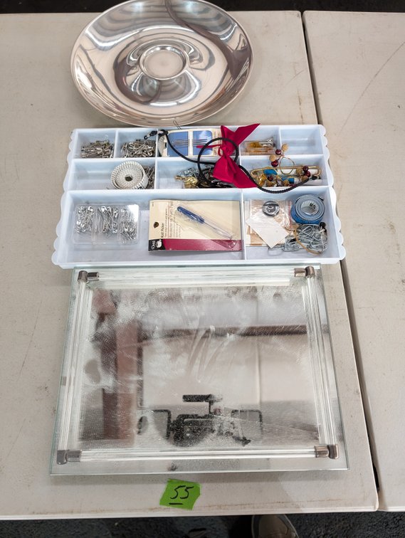 Vanity Mirror, Sewing Supplies & Metal Tray