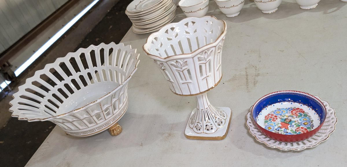 Porcelain Footed Basket, Pedestal Basket & Small Plates
