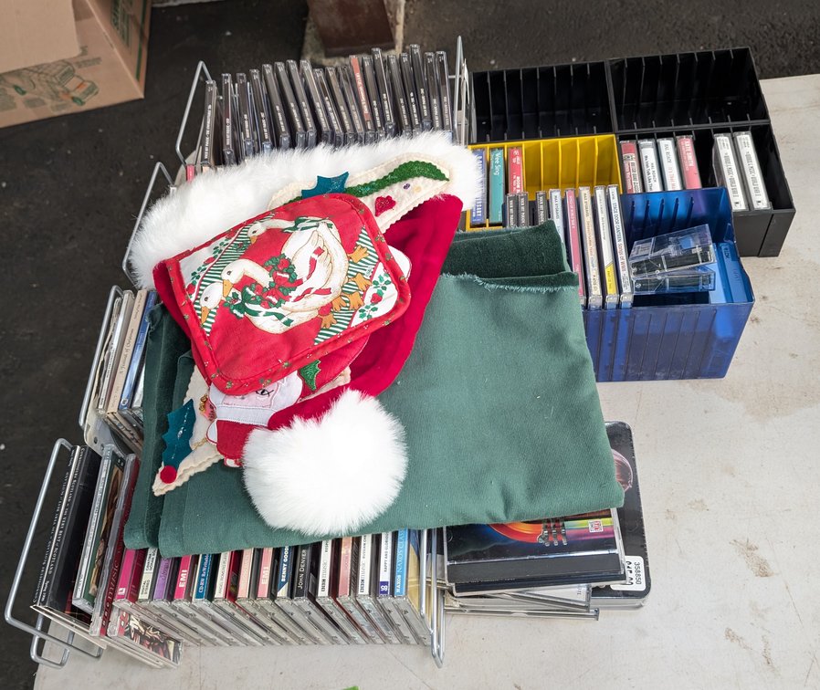 Lot of CDs, Cassette Tapes, Christmas Decor Hat & Pot Holder