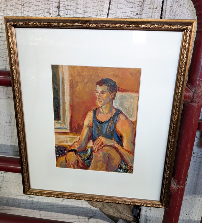 Gold Wood Framed Art by Kinser "The Thinker" Oil on Board