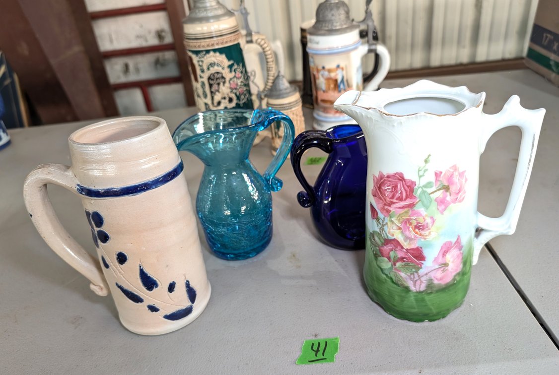 2 Glass Pitchers, Porcelain Pitcher & Pottery Stein 