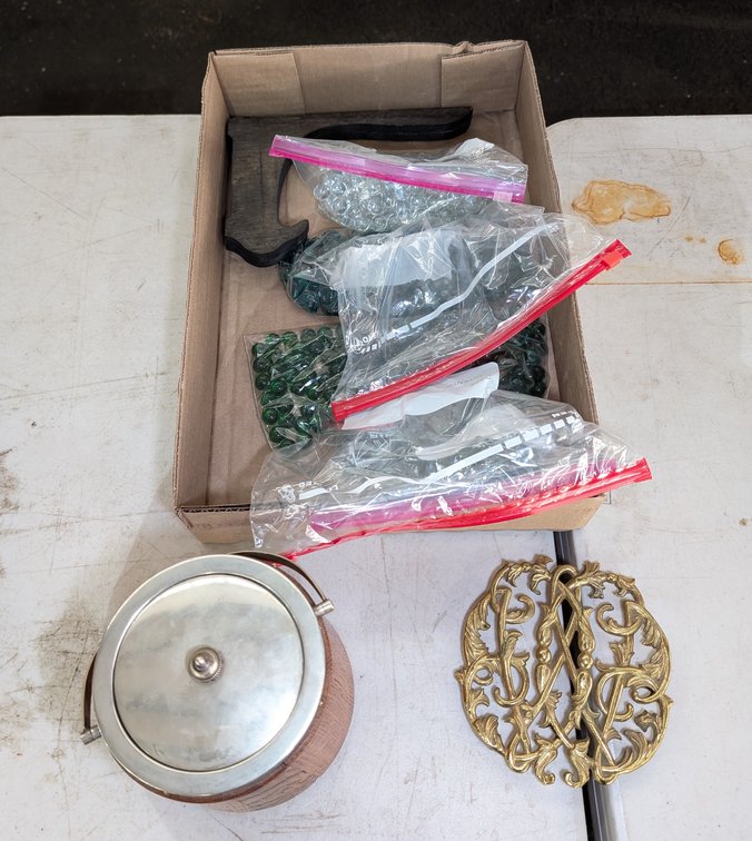 Glass Beads, Metal Trivet, Wood Bucket 