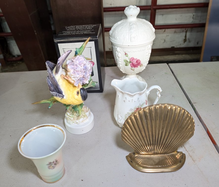 Creamer, BBQ Candle Holder & Candle, Vase, Goldfinch Figurine, Mini Cup, 