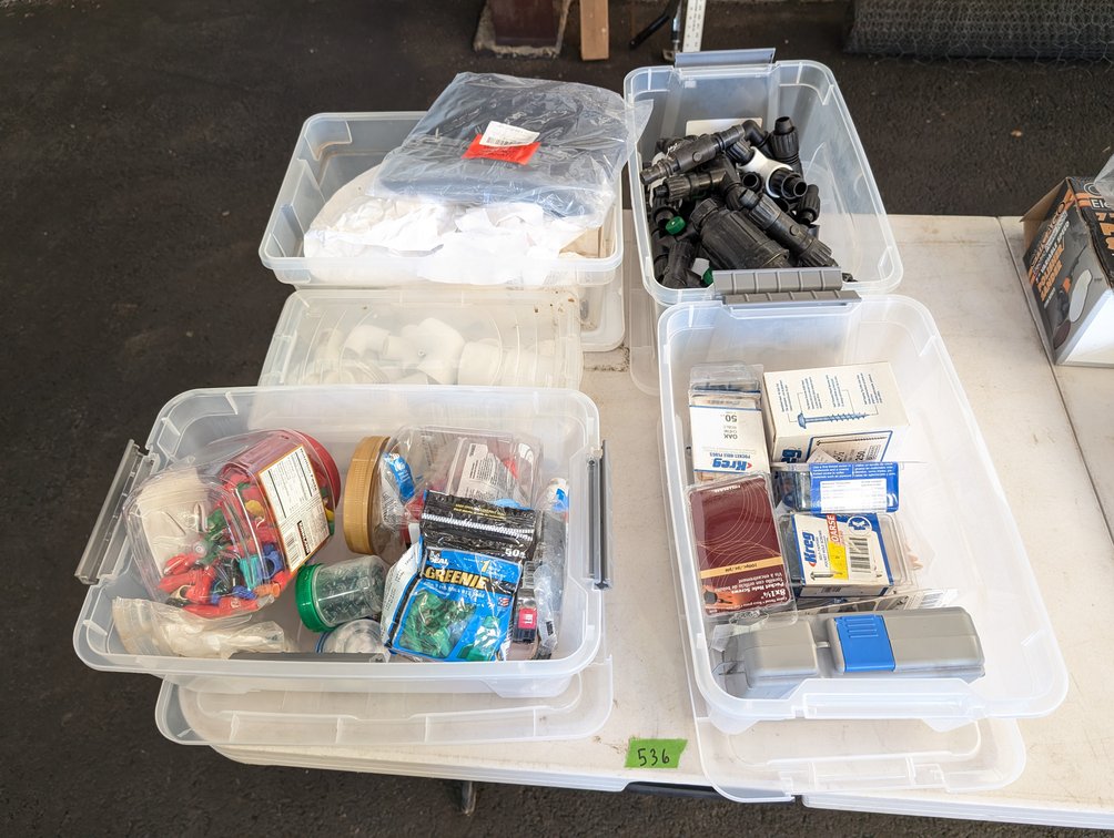 (5) Tubs of Misc Hardware, Adapters, PVC Pipe Elbows, Wire Nuts