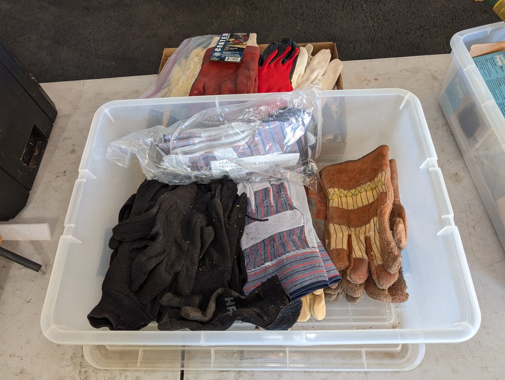 Box & Tub of Cotton & Leather Work Gloves