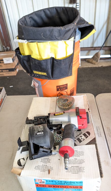 Air Operated Roofing Nailer, Nails & Work Bucket