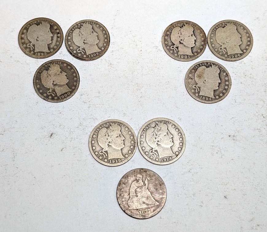 (8) Barber Quarters & Seated Liberty Quarter