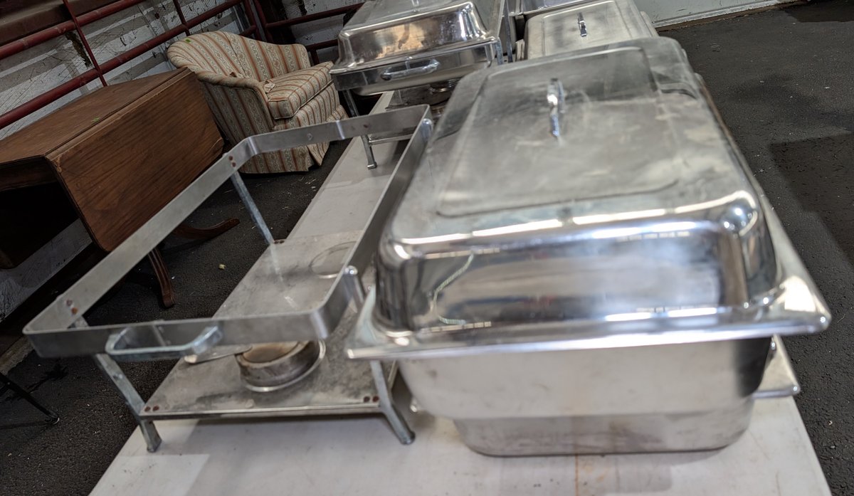 (3) Stainless Steel Pans, One Lid & One Warmer Stand