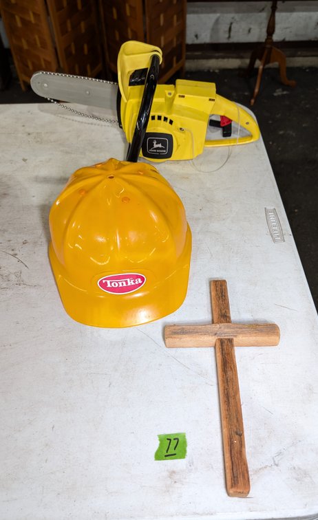 Tonka Toy Construction Hat, John Deere Toy Chainsaw, Cross