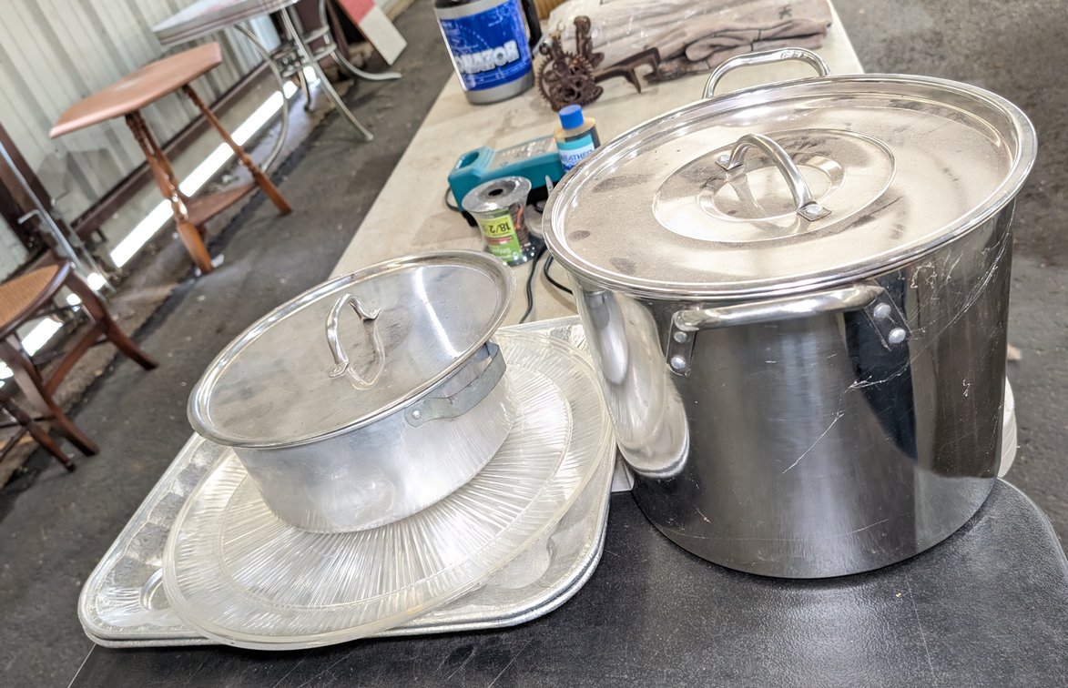 Stainless Steel Stock Pot, Extra Lid, Aluminum Pan, Glass Tray & Foil Trays