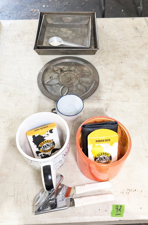 (2) Mugs. (2) Decks Playing Cards, (2) Baking Pans, Metal Cup, Can Opener