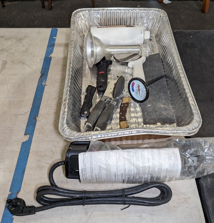 2 Foil Pans, Pizza Cutters, Funnel, Thermometer, Surge Protector, 2 Knives