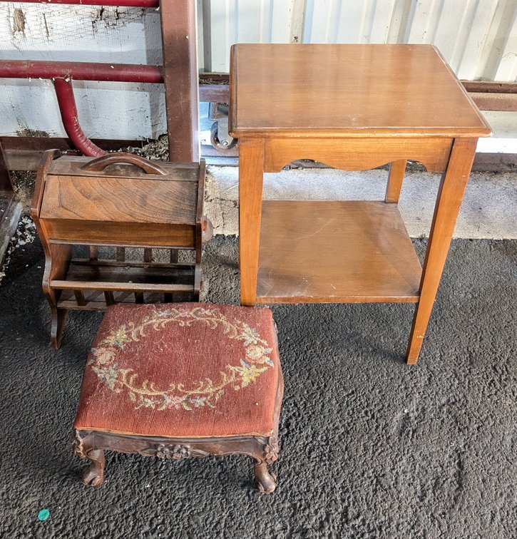 Upholstered Footstool, Sewing Box & Corner Table 