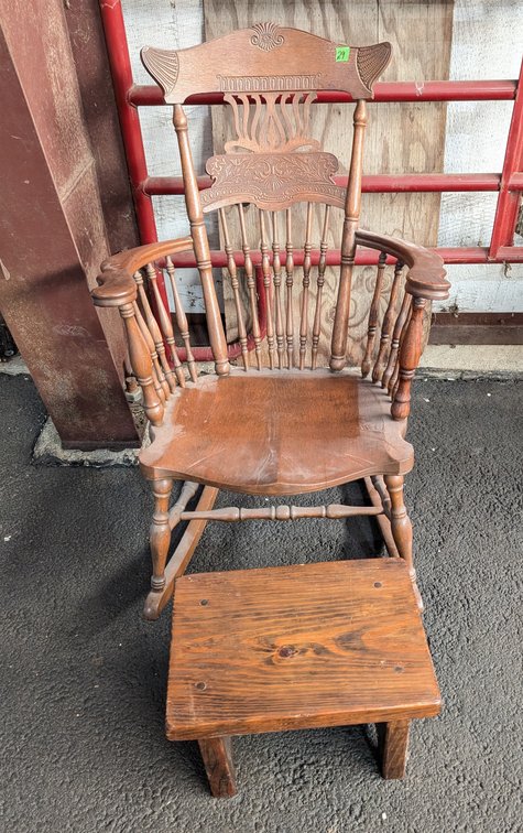 Oak Rocking Chair w/Carved Design & Footstool
