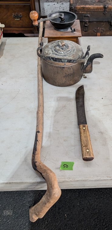 Butcher Knife, Coffee Mill, Brass Tea Kettle & Cane