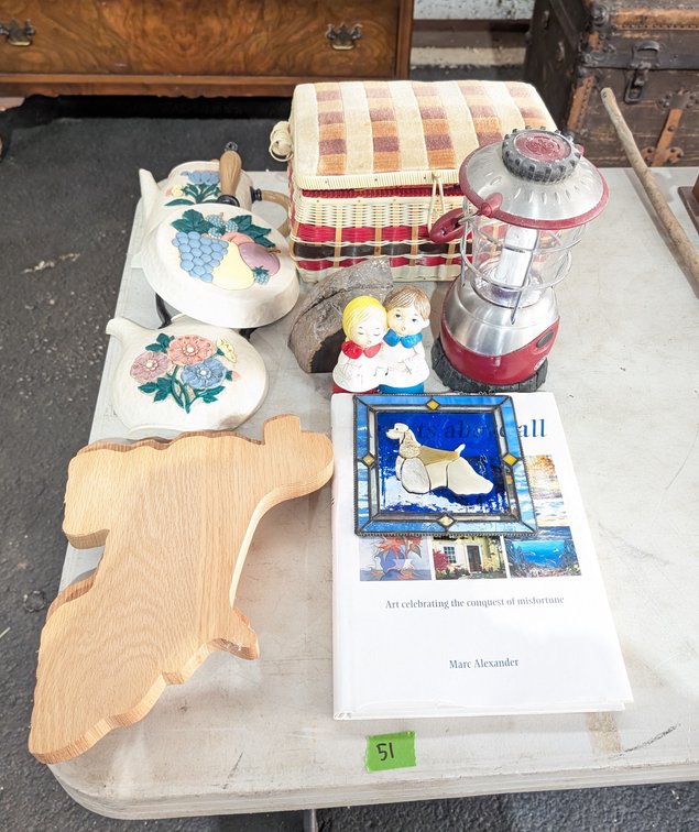 Lantern, Art Book, Sewing Basket, Wood Dog Figurines