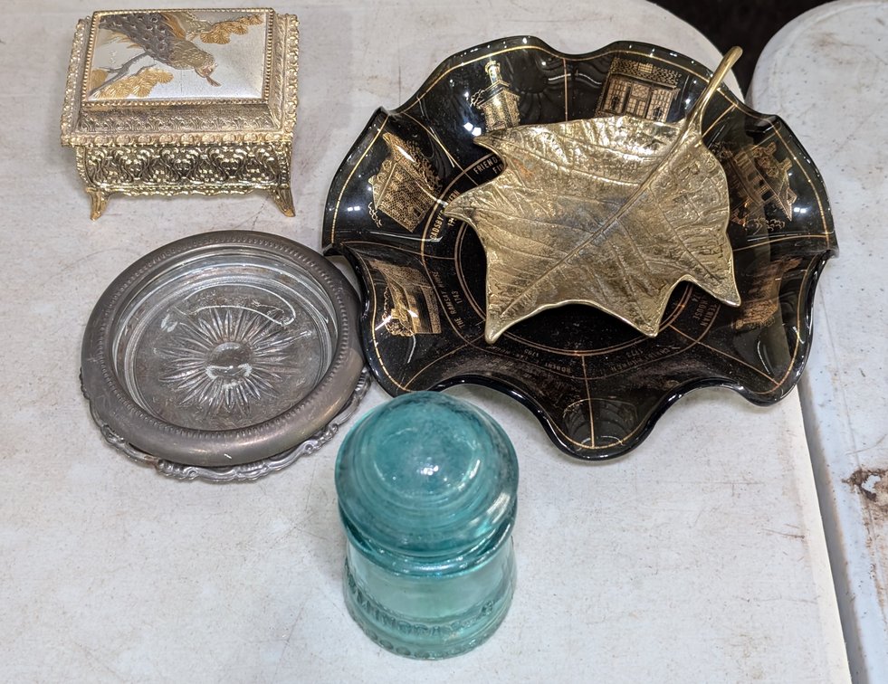 Alexandria National Bank Ashtray, Music Box, Glass Insulator & Metal Dish