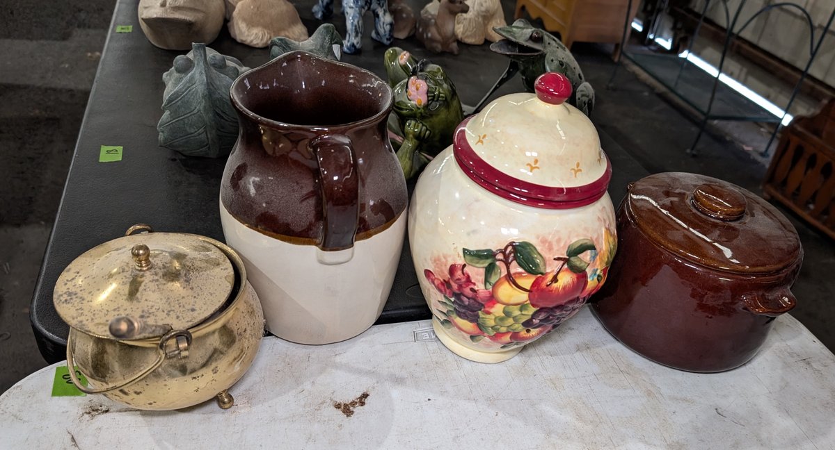 West Bend Ceramic Bean Pot, Pitcher, Canister w/Lid, Brass Pot & Swank Cufflinks