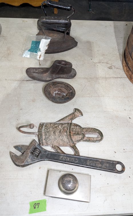 2 Flat Iron, Cast Iron Hat (Alexandria VA), Mini Shoe Last, Crescent Wrench, Hat Holder