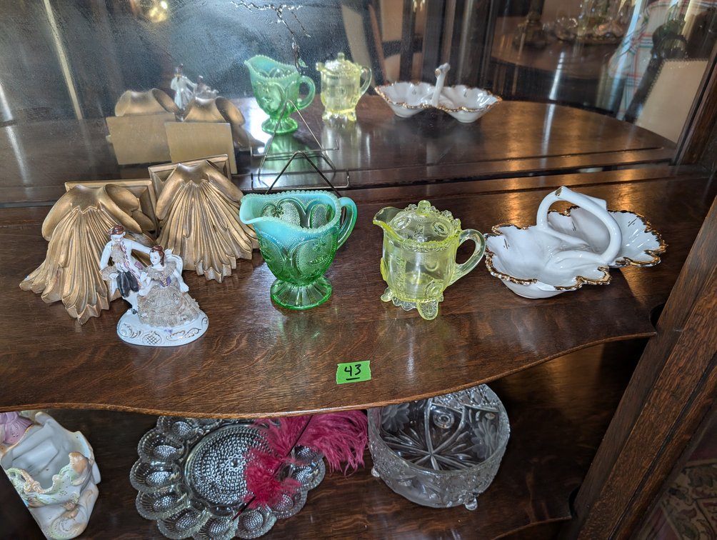 Divided Dish, Wall Sconces, Carnival Glass Pitcher 