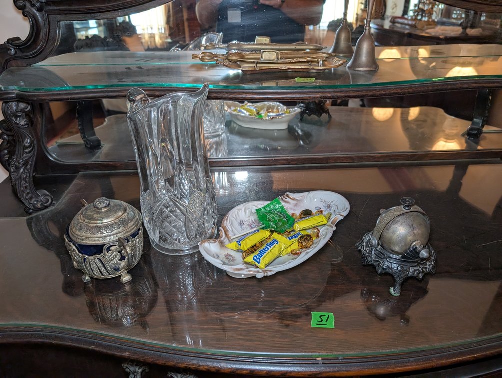 Glass Pitcher, Metal Bell, Blue Glass Bowl w/Metal, Tray