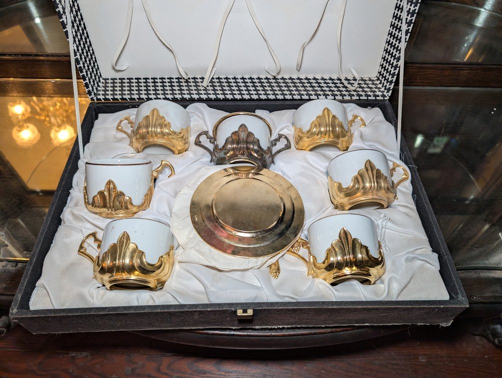 Metals Saucers & Porcelain & Metal Cups in a Box